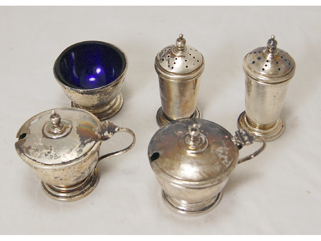 Appraisal: Circular five-piece condiment set comprising pair of mustards with liners