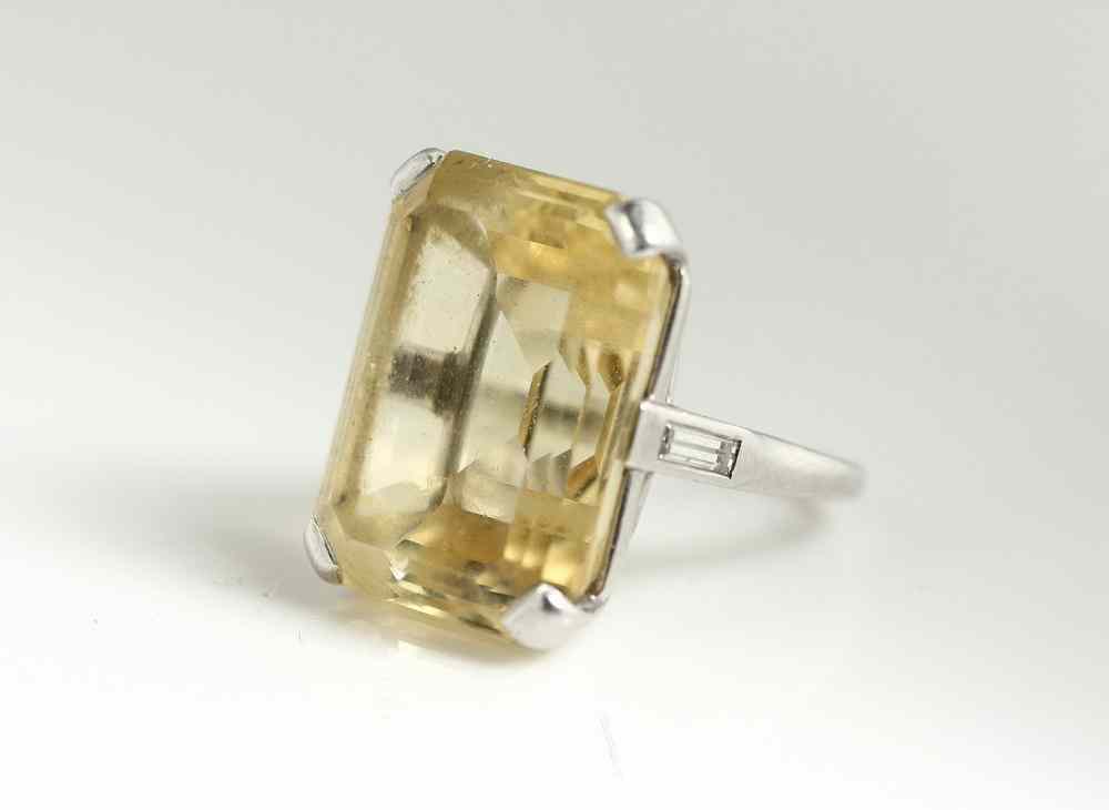 Appraisal: LADY'S RING - Art Deco platinum set rectangular citrine flanked