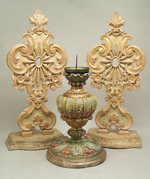 Appraisal: A Baroque style polychrome carved wood candle pricket and pair