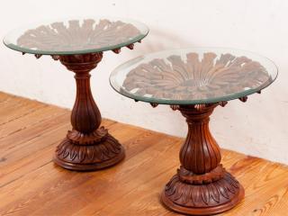 Appraisal: Rosewood Carved Pedestal End Tables Pair Beautiful decorative hand-carved rosewood