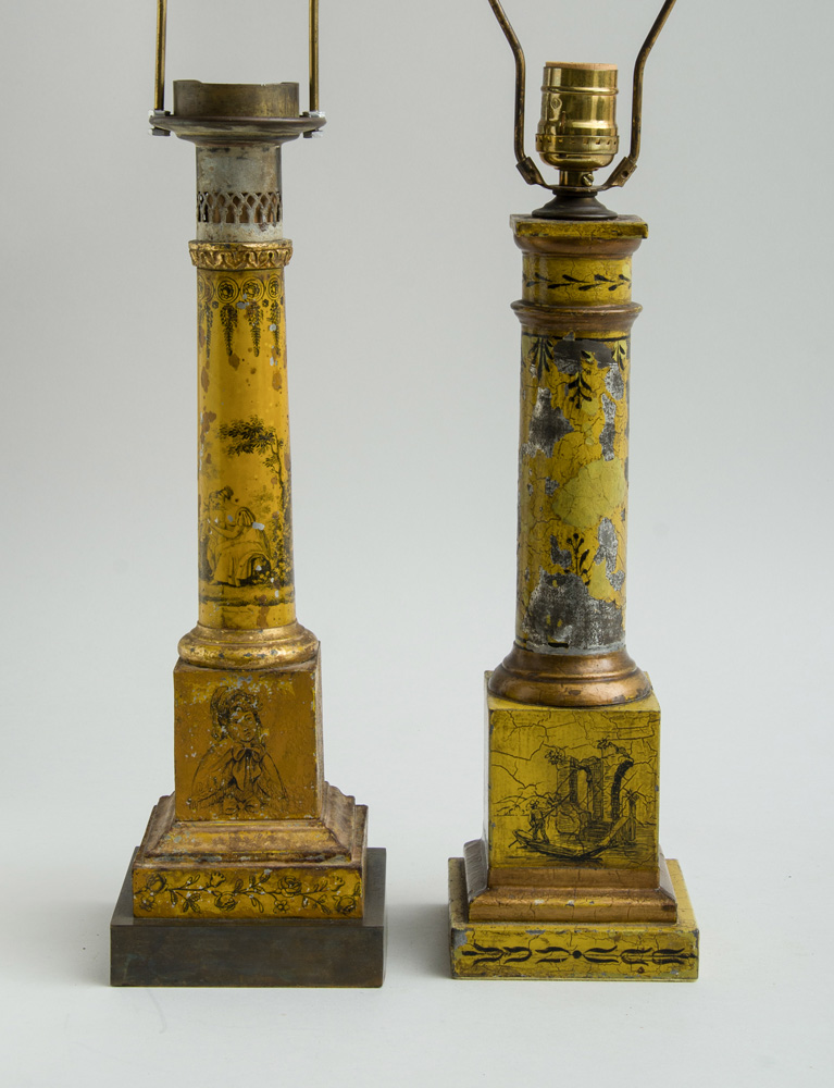 Appraisal: TWO FRENCH YELLOW T LE PEINTE LAMPS Each of columnar