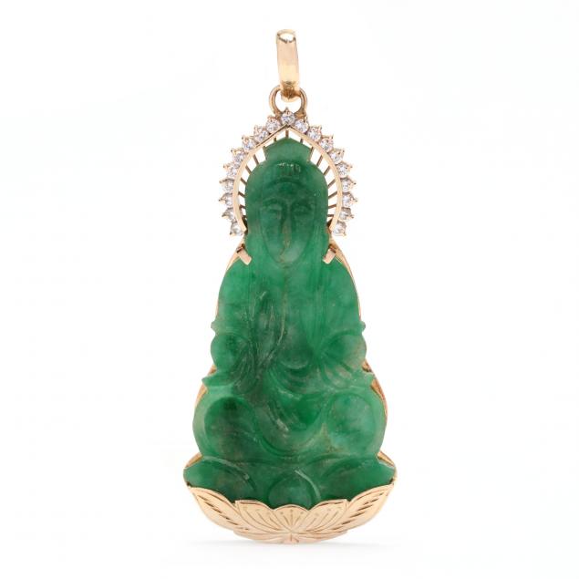 Appraisal: Gold and Carved Jade Pendant of Guanyin The carved jade