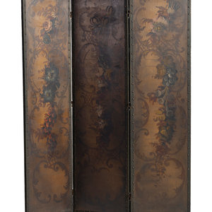 Appraisal: A Continental Studded and Painted Leather Three-Panel Floor Screen th