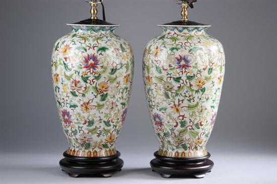 Appraisal: PAIR CHINESE FAMILLE VERTE PORCELAIN VASES AND COVERS Floral decoration