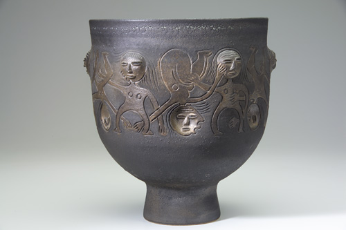 Appraisal: SCHEIER Large chalice incised and modeled with whimsical female figures