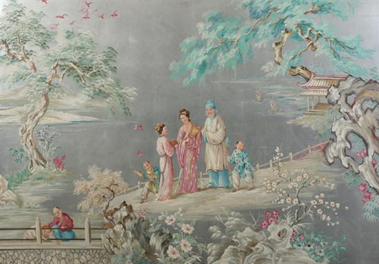 Appraisal: CHINOISERIE PAINTED PANEL Figures in a River Landscape by a