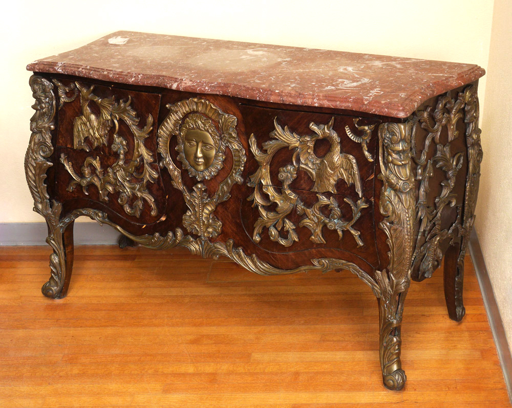 Appraisal: FRENCH STYLE ORMOLU MOUNTED MARBLE TOP CHEST th century production