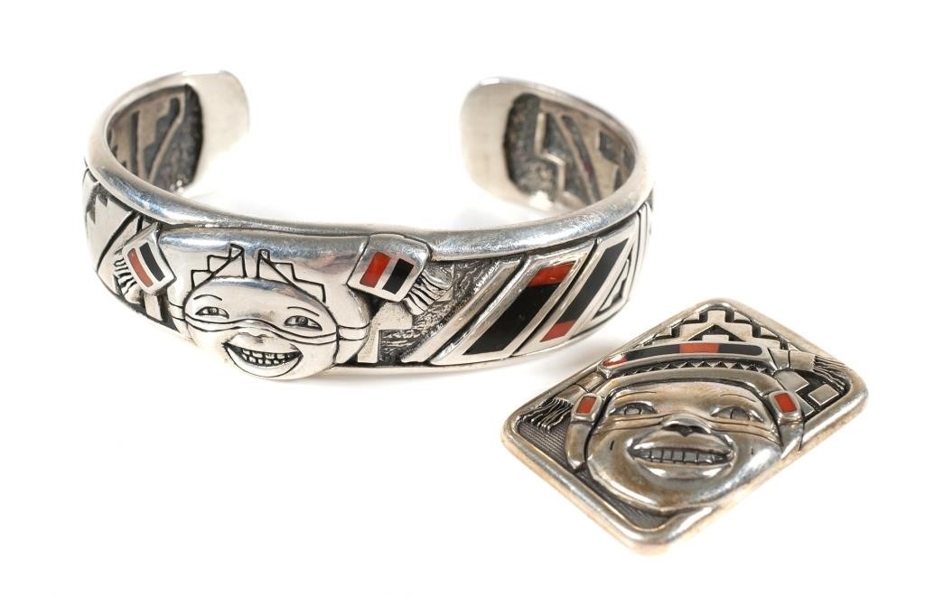 Appraisal: Matching sterling silver coral and onyx cuff bracelet and necklace