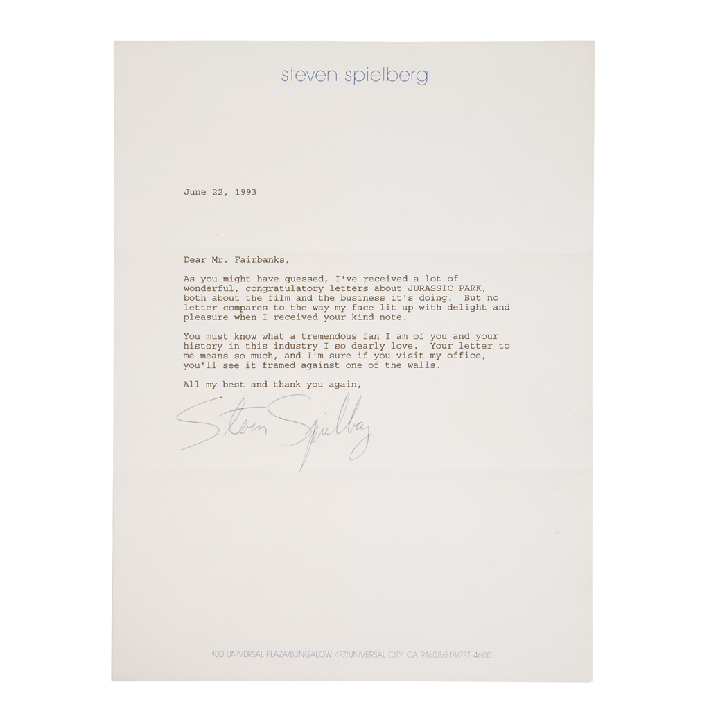 Appraisal: SPIELBERG STEVEN Typed letter signed to Douglas Fairbanks Jr Universal