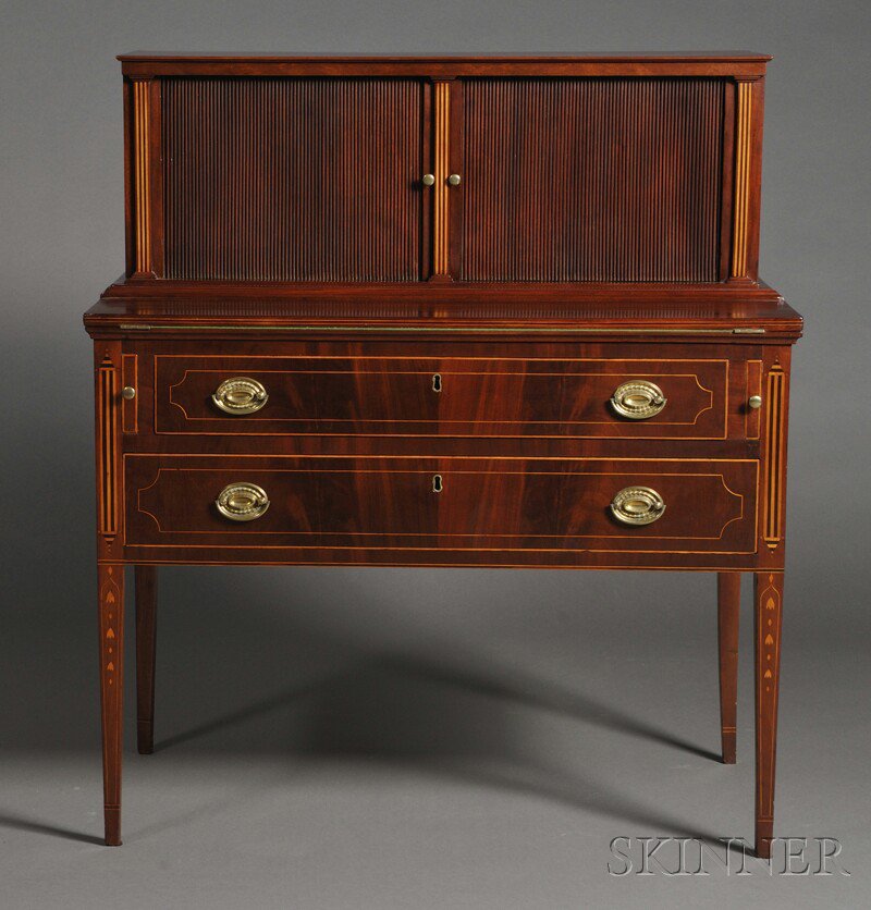 Appraisal: Federal Inlaid Mahogany Tambour Desk Boston c the tambours open