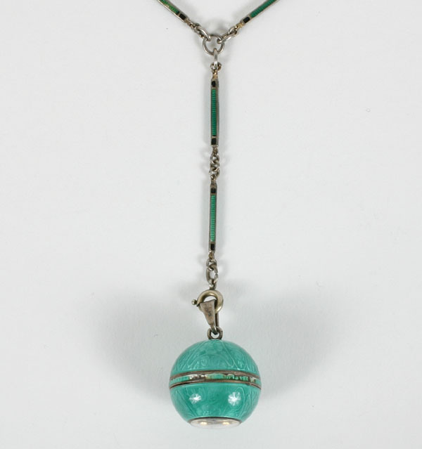 Appraisal: Teal green guilloche enamel and sterling silver pendant watch suspended