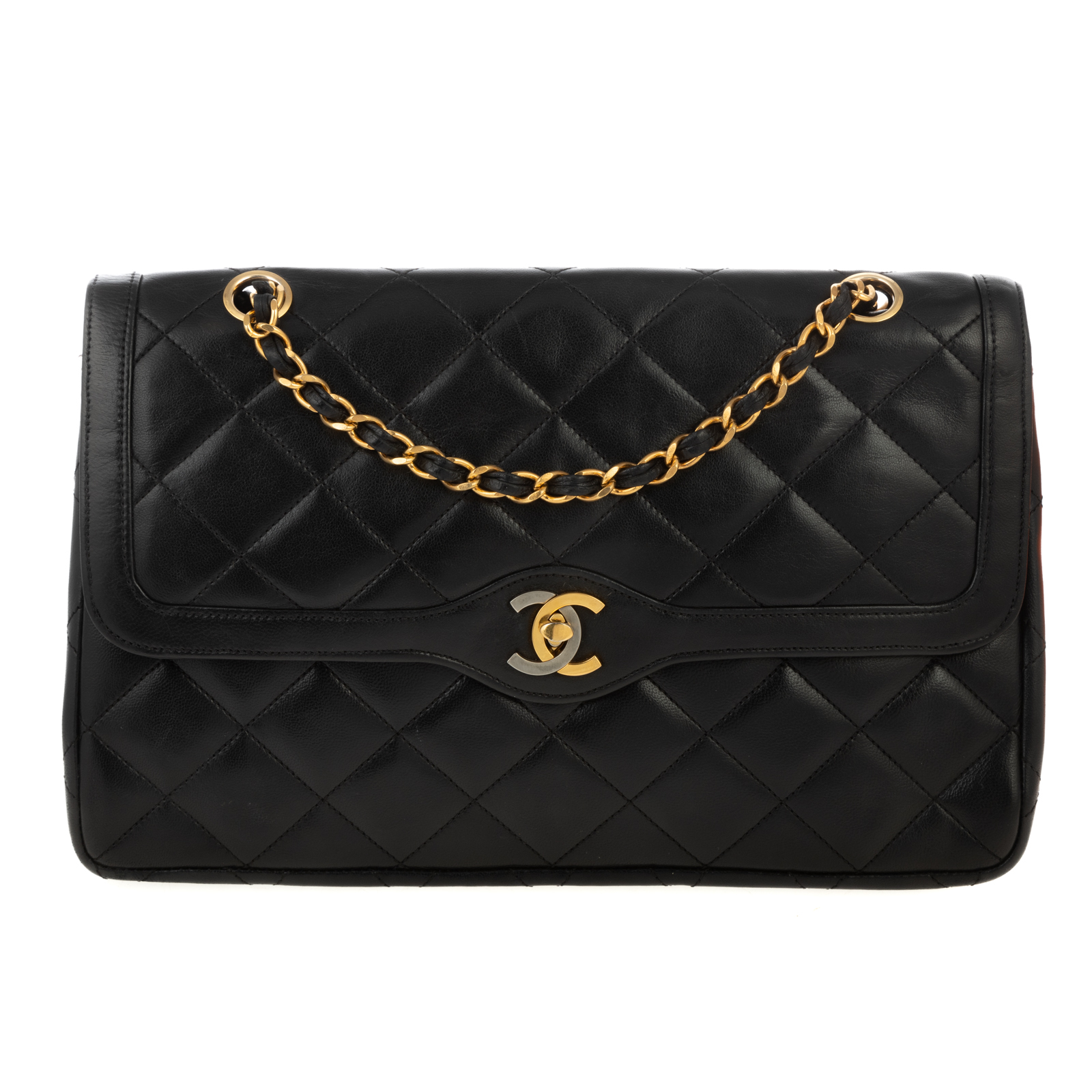 Appraisal: A CHANEL PARIS DOUBLE FLAP BAG A black calfskin leather