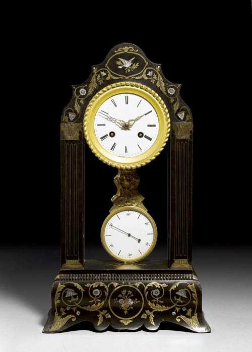 Appraisal: PORTAL CLOCK Restauration Paris circa Ebonised wood also inlaid with