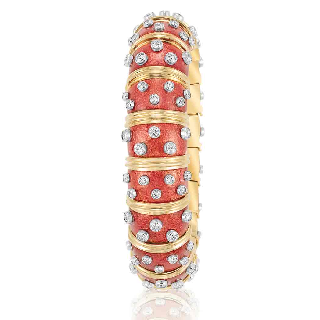 Appraisal: Gold Platinum Deep Pinkish-Orange Enamel and Diamond Bangle Bracelet Tiffany