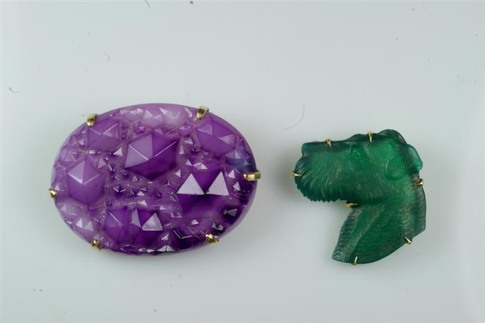 Appraisal: K YG pins mounted with amethyst crystal green crystal scottie