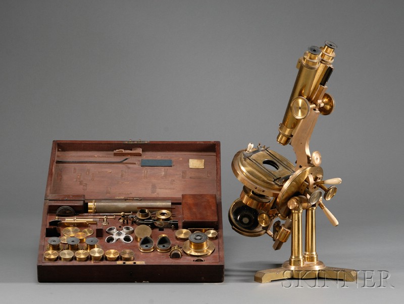 Appraisal: Lacquered Brass Binocular Microscope and Compendium by R J Beck