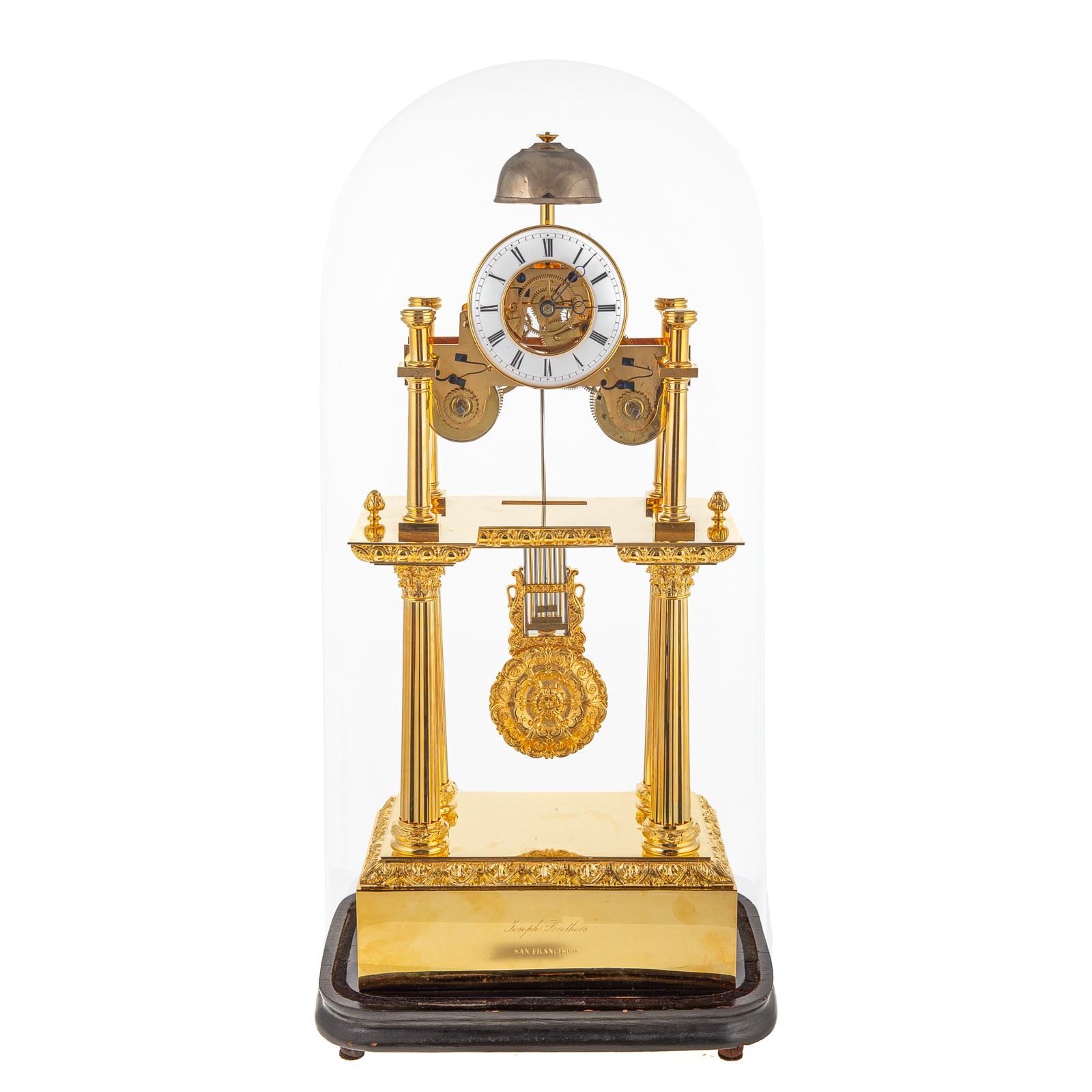 Appraisal: JOSEPH BROTHERS GILT BRASS PORTICO CLOCK Exposed works with enamel