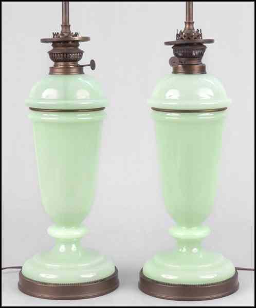 Appraisal: PAIR OF GREEN OPALINE GLASS TABLE LAMPS Glass height ''