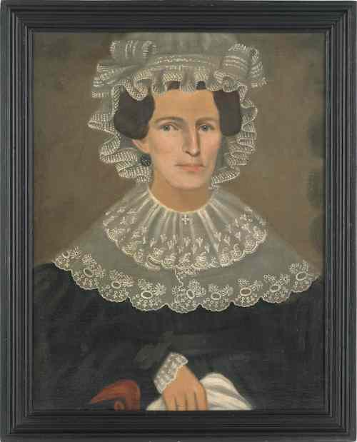 Appraisal: New England oil on canvas folk portrait ca of Charlotte