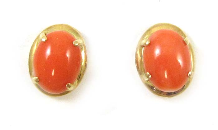 Appraisal: PAIR OF CORAL CABOCHON EARRINGS IN FOURTEEN KARAT mount Each