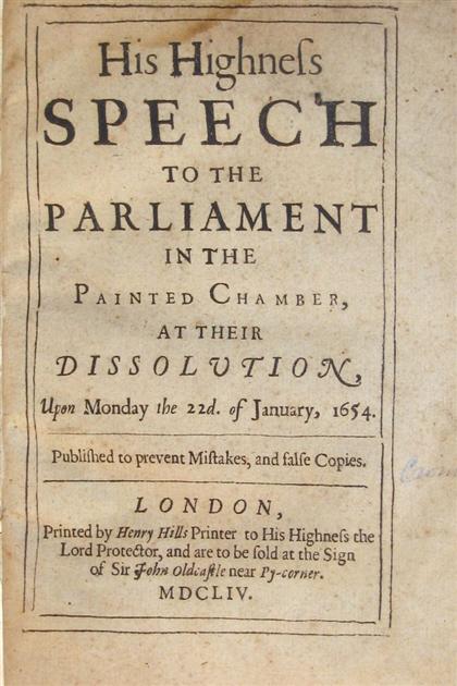 Appraisal: vol English Commonwealth Period Imprints Cromwell Oliver His Highness Speech