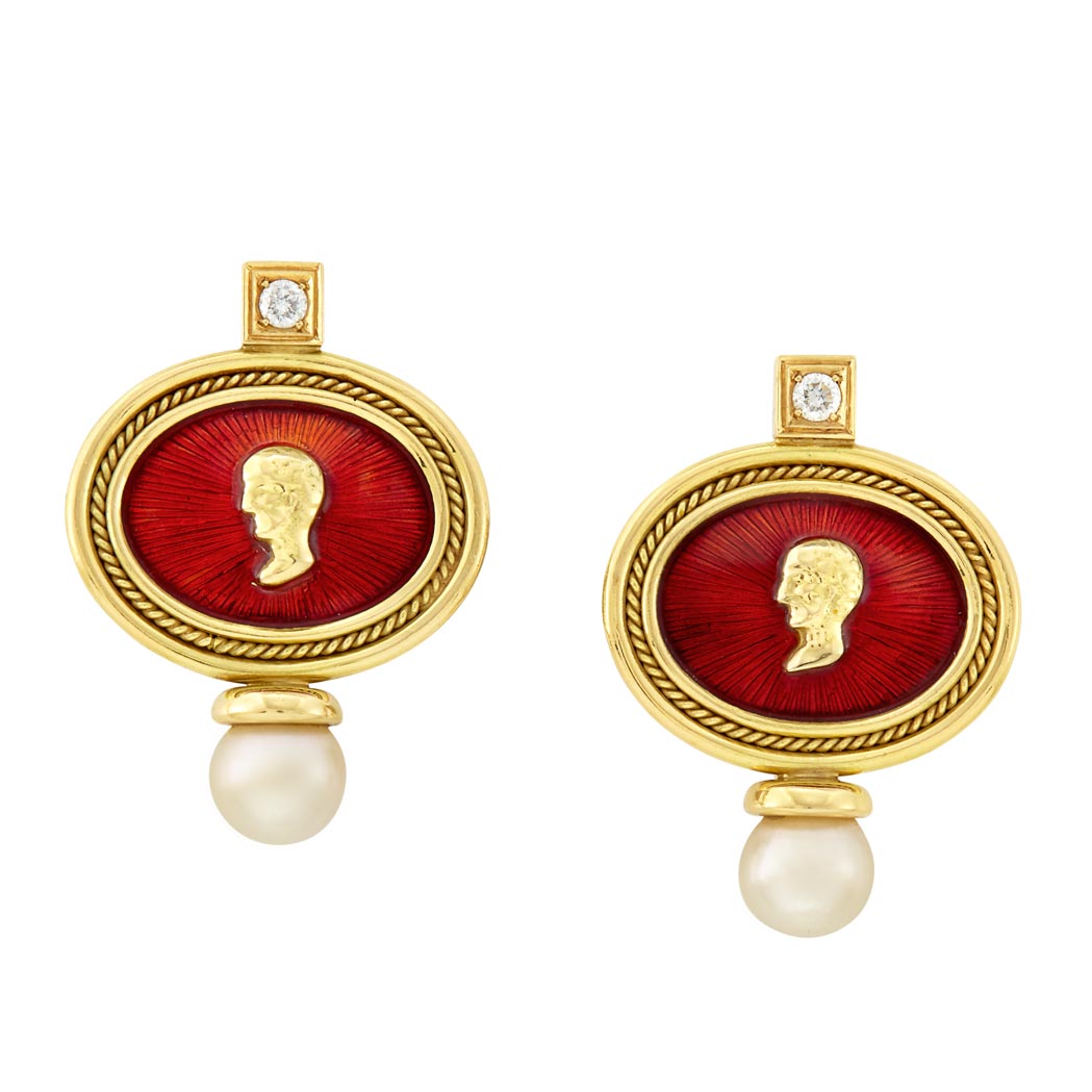 Appraisal: Pair of Gold Red Enamel Diamond and Cultured Pearl Earclips