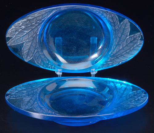 Appraisal: R LALIQUE Two ashtrays Feuilles electric blue c M p