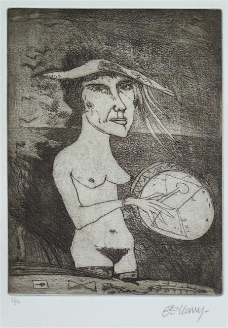 Appraisal: JOHN BELLANY SCOTTISH B WOMAN WITH TAMBOUR Etching signed and