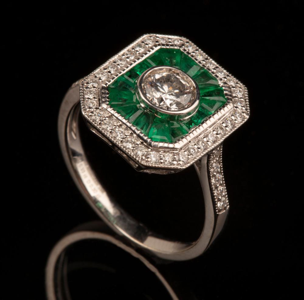 Appraisal: Oscar Friedman Art Deco-Style kt White Gold Diamond and Emerald