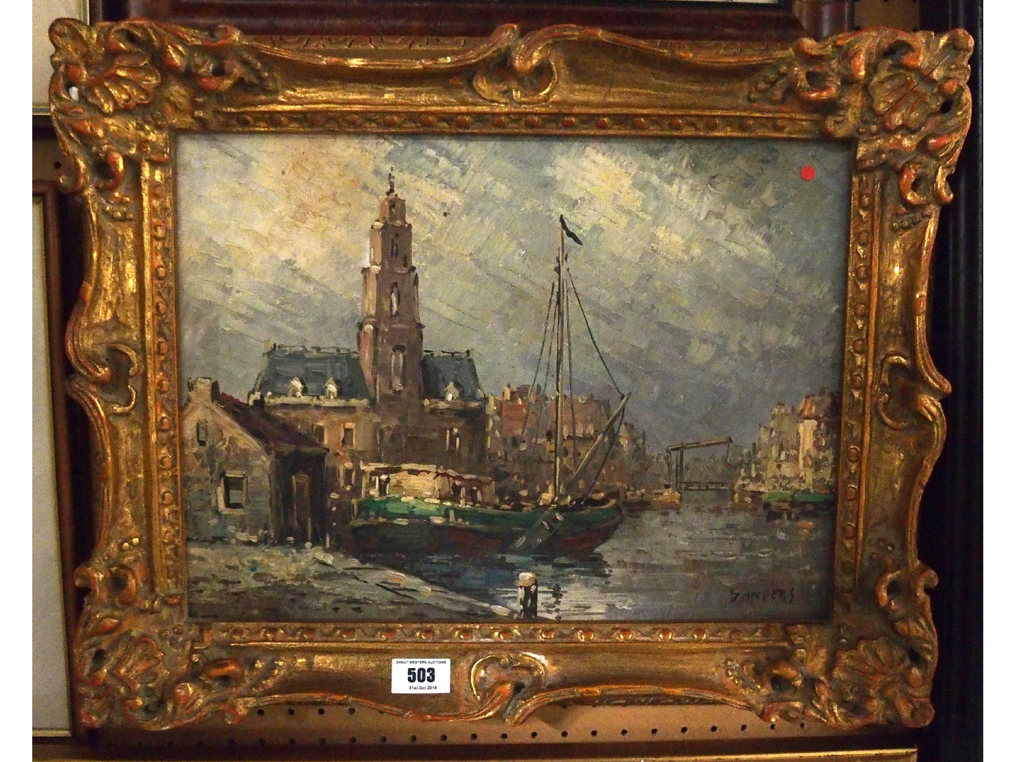 Appraisal: CONTINENTAL SCHOOL Dutch river scene signed Saunders oil on canvas