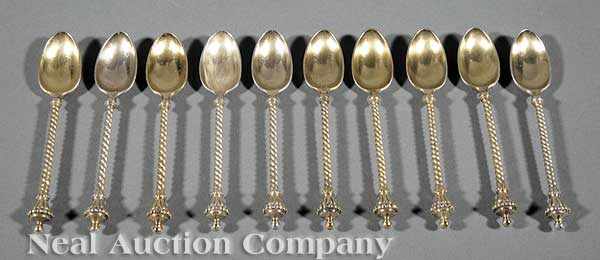 Appraisal: A Set of Ten Antique Russian Silver Gilt Teaspoons Zolotnik