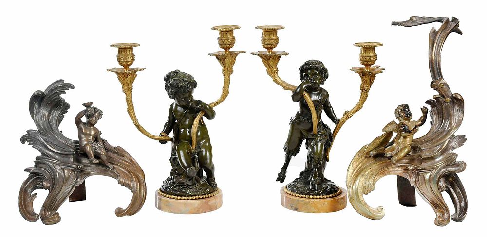 Appraisal: Pairs of Bronze Figural Candelabra and Chenets late th early