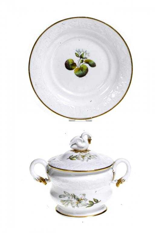 Appraisal: A SPODE BOTANICAL SWAN HANDLED CREAM BOWL COVER AND STAND