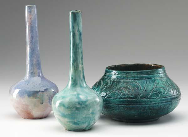 Appraisal: AREQUIPA Three pieces squat vessel covered in sheer turquoise glaze