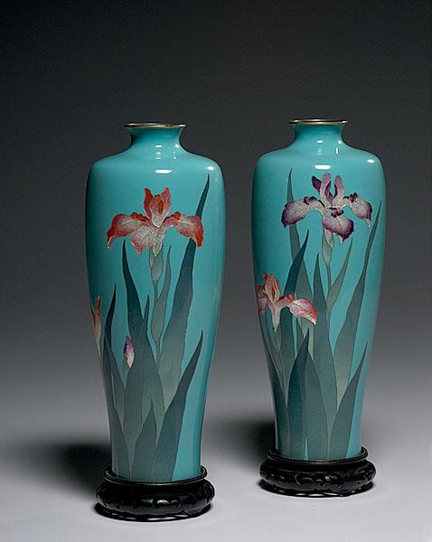 Appraisal: PAIR OF JAPANESE CLOISONN VASES WITH IRIS late Meiji period