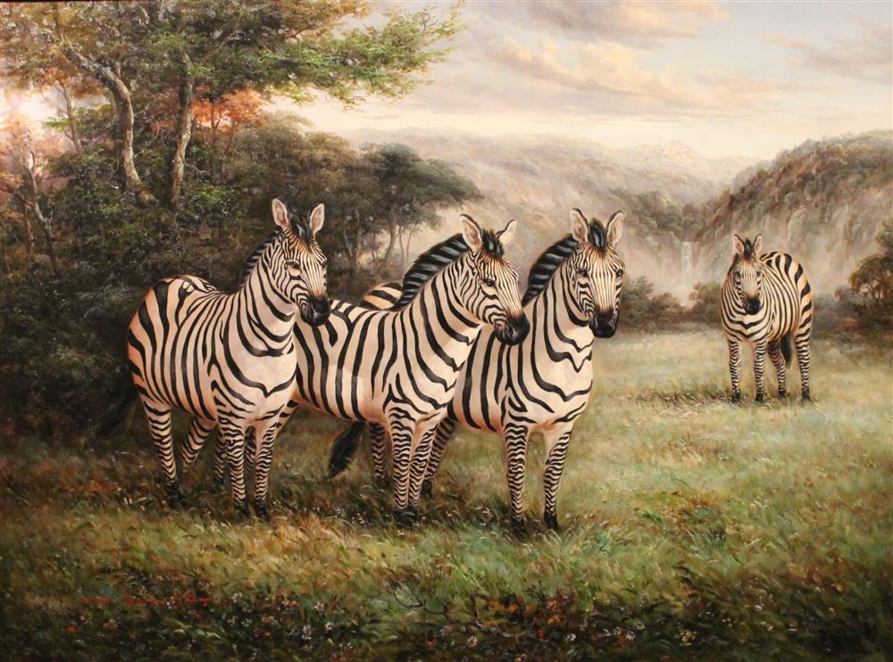 Appraisal: M P ELLIOTT AMERICAN TH CENTURY ZEBRAS Oil on canvas