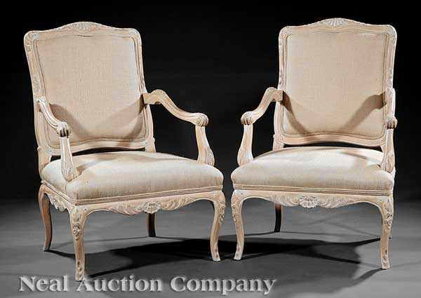 Appraisal: A Pair of Louis XV-Style Cr me Peinte Fauteuils th