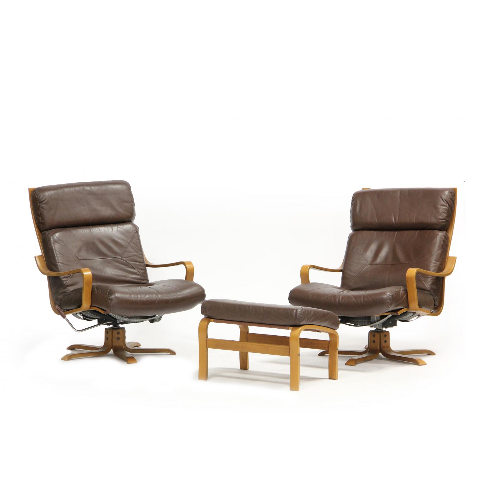 Appraisal: Pair of Danish Bentwood Lounge Chairs and Ottoman s laminated