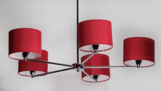 Appraisal: Contemporary chrome chandelier w red fabric shades Contemporary chandelier having