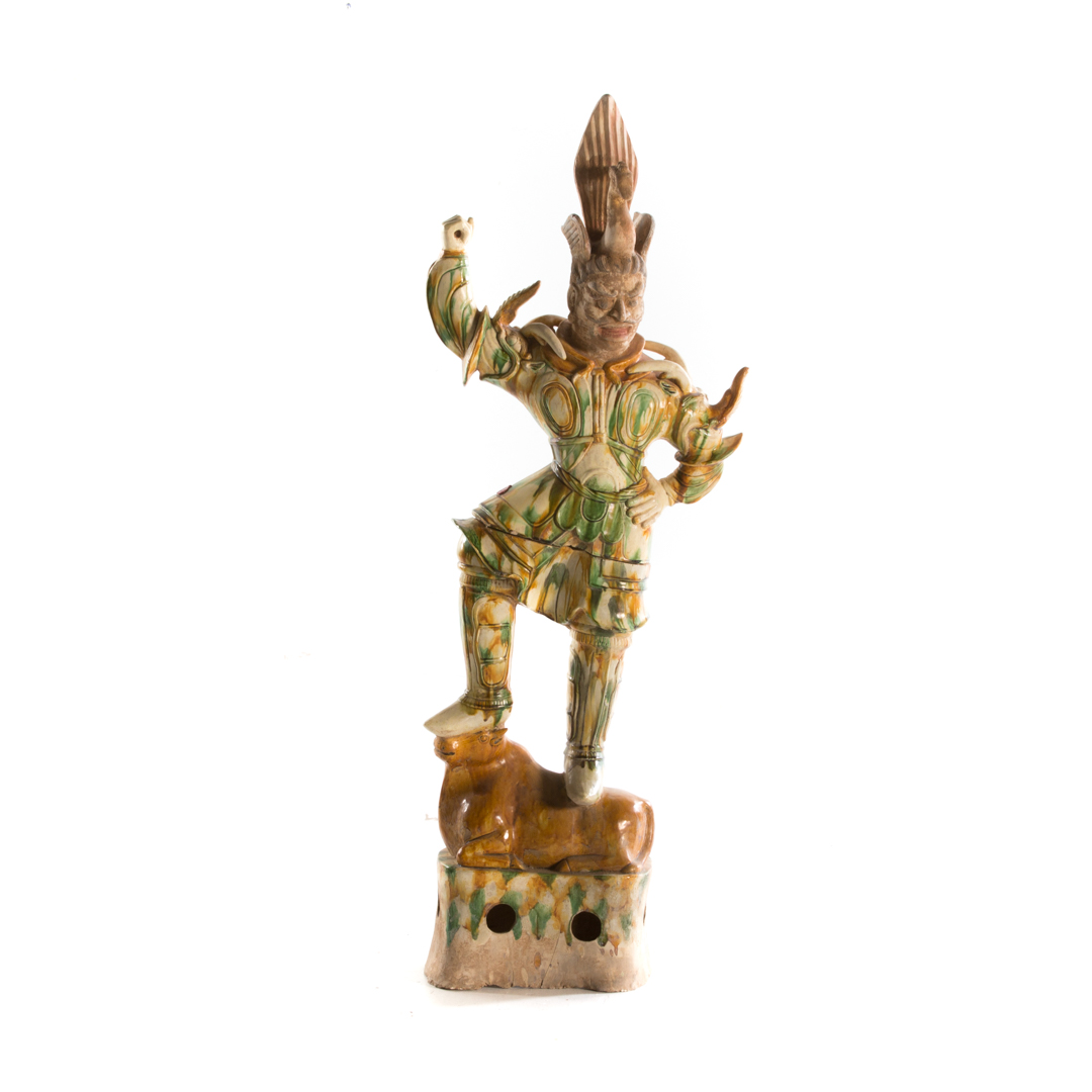 Appraisal: Chinese Han style tomb effigy two-section figure modeled as warrior