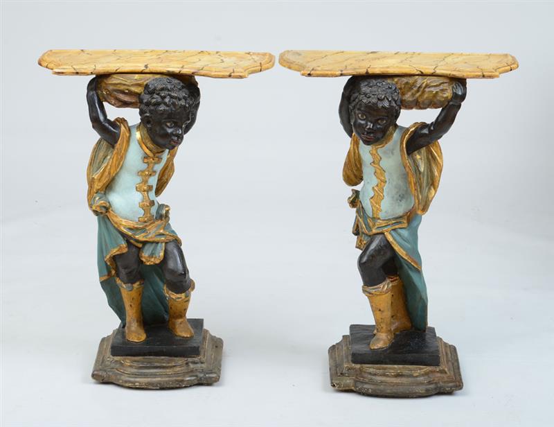 Appraisal: PAIR OF VENETIAN ROCOCO STYLE PAINTED AND PARCEL-GILT CONSOLES Each