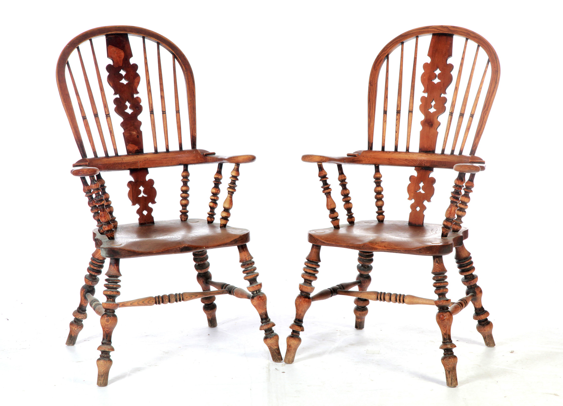 Appraisal: SIX ENGLISH TAVERN WINDSOR ARM CHAIRS Mid th century Yew