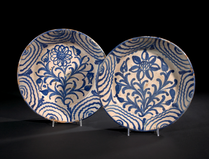 Appraisal: Near-Pair of Talavera Floral-Decorated Blue-and-Gray Pottery Fruit Bowls fourth quarter