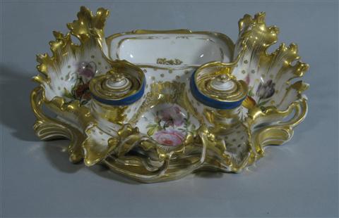 Appraisal: JACOB PETIT STYLE PORCELAIN INKSTAND With two pots centering a