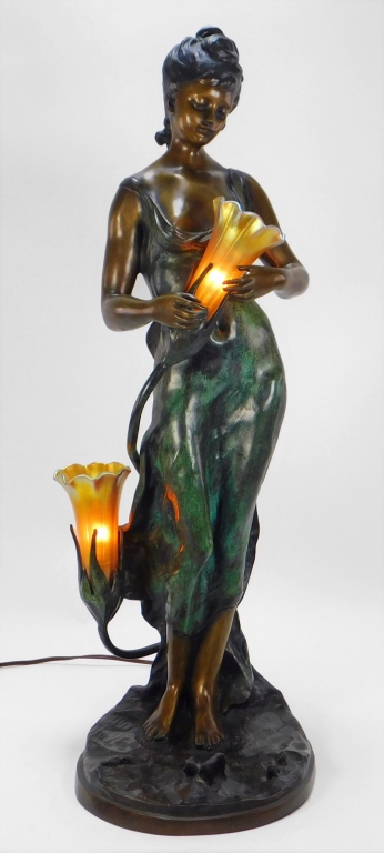 Appraisal: AFT AUGUSTE MOREAU ART NOUVEAU BRONZE LAMP France th CenturyFigural