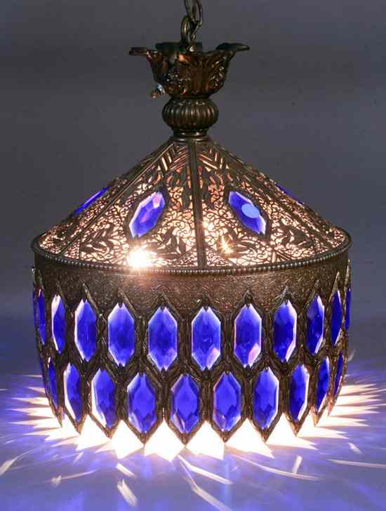 Appraisal: PERSIAN STYLE BRASS AND COBALT GLASS ''JEWELED'' PIERCED ROUND CHANDELIER