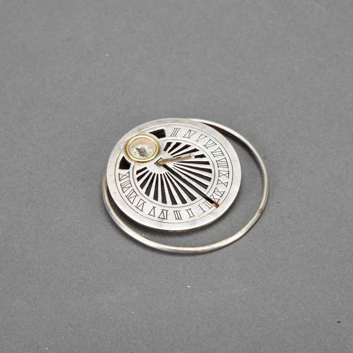 Appraisal: French Silver Pocket Sundial Clip with Compass c impressed with