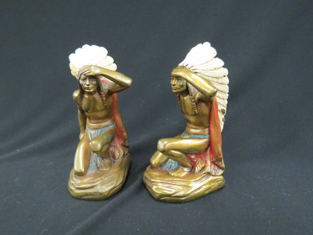 Appraisal: Pair of Armor Bronze Figural Indian Chief Bookends Art Deco