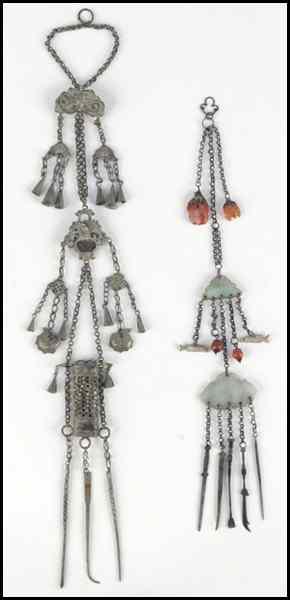 Appraisal: CHINESE JADE AND CARNELIAN OPIUM CHATELAINE Together with another chatelaine