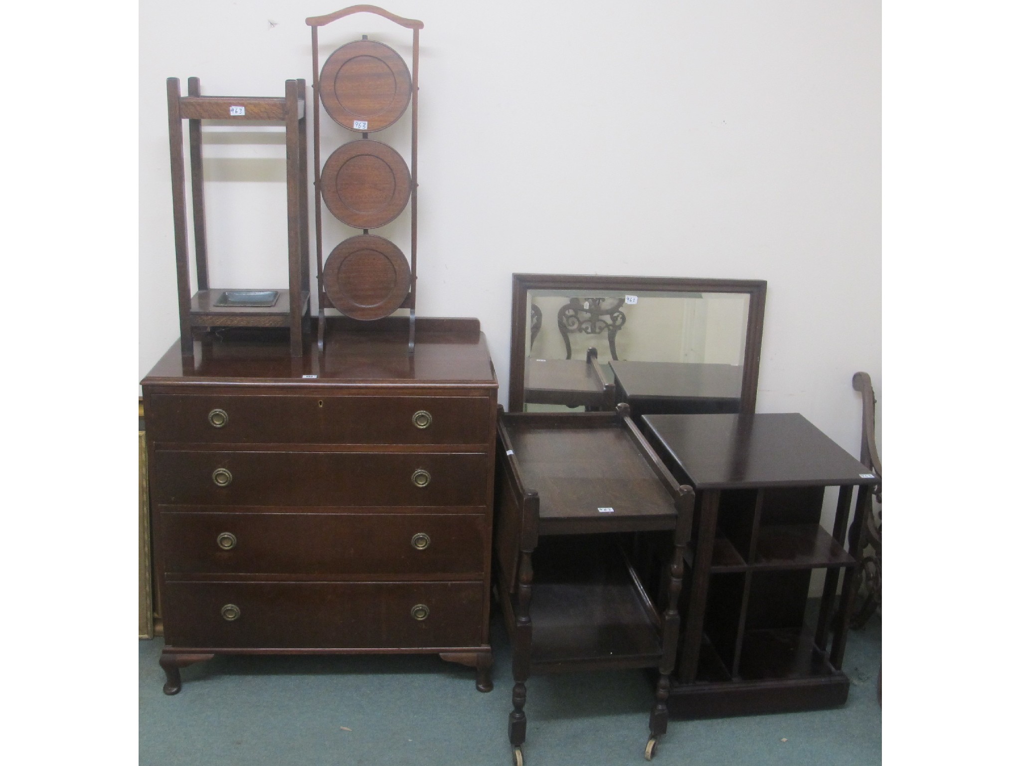 Appraisal: Four drawer chest stick stand cake stand and others